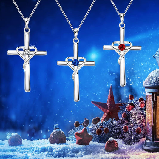 925 Sterling Silver Cross Necklace for Women Men 5A CZ Birthstone Necklaces 14K Gold Plated or Rose Gold Necklace for Easter or Mother'S Day