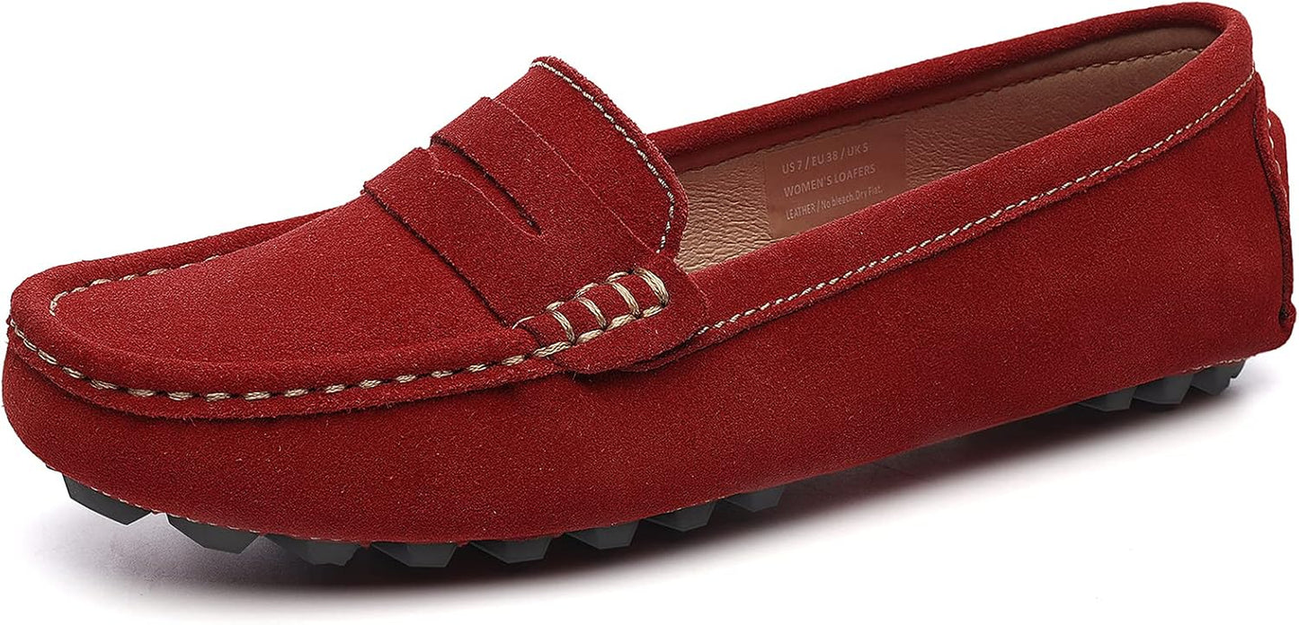 Women'S Suede Leather Casual Penny Loafers Retro Ladies Moccasins Driving Mocs Comfort Slip-On Fashion Boat Shoes Classic Flats