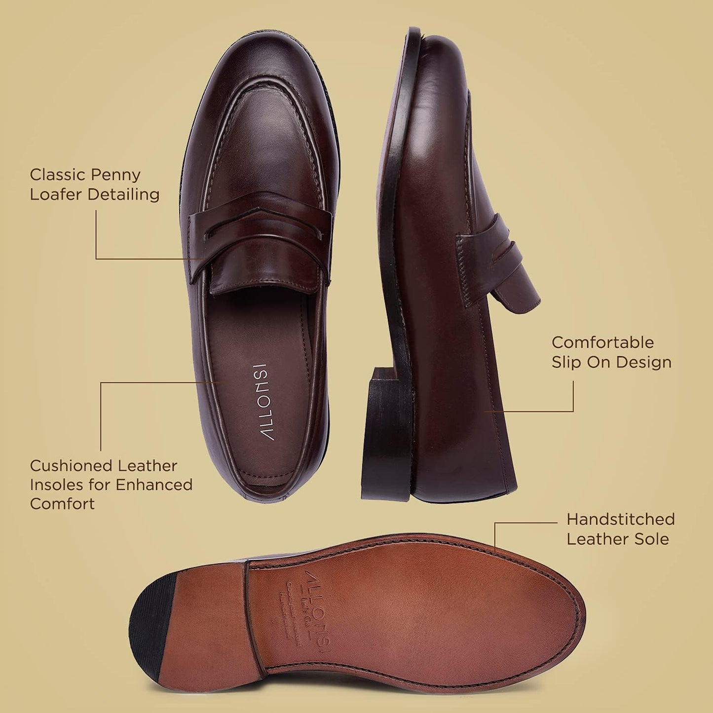 | James Genuine Leather Men'S Penny Loafers | Goodyear Welted Dress Loafers | Brown Leather Sole Slip on Shoes | Comfortable Handcrafted Luxury Shoes for Men