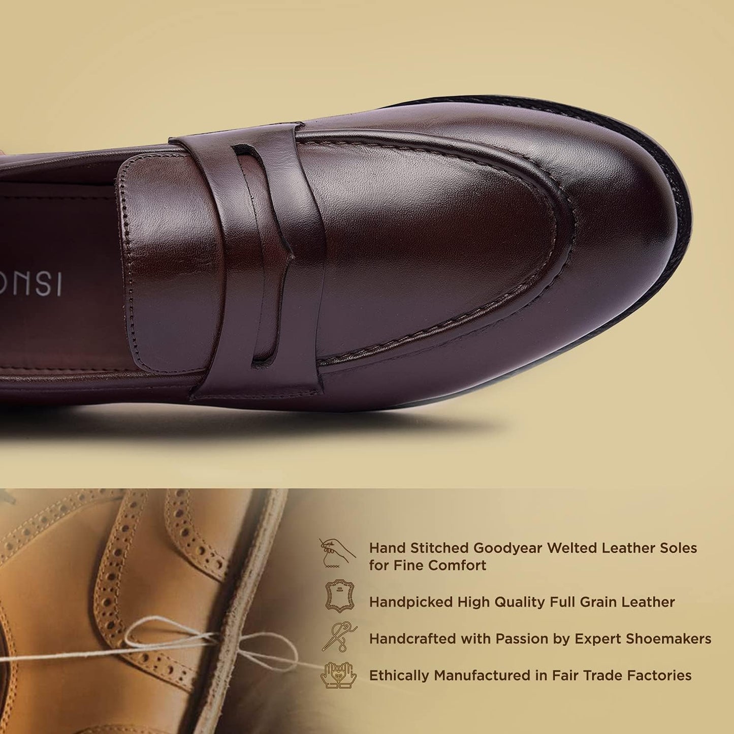 | James Genuine Leather Men'S Penny Loafers | Goodyear Welted Dress Loafers | Brown Leather Sole Slip on Shoes | Comfortable Handcrafted Luxury Shoes for Men