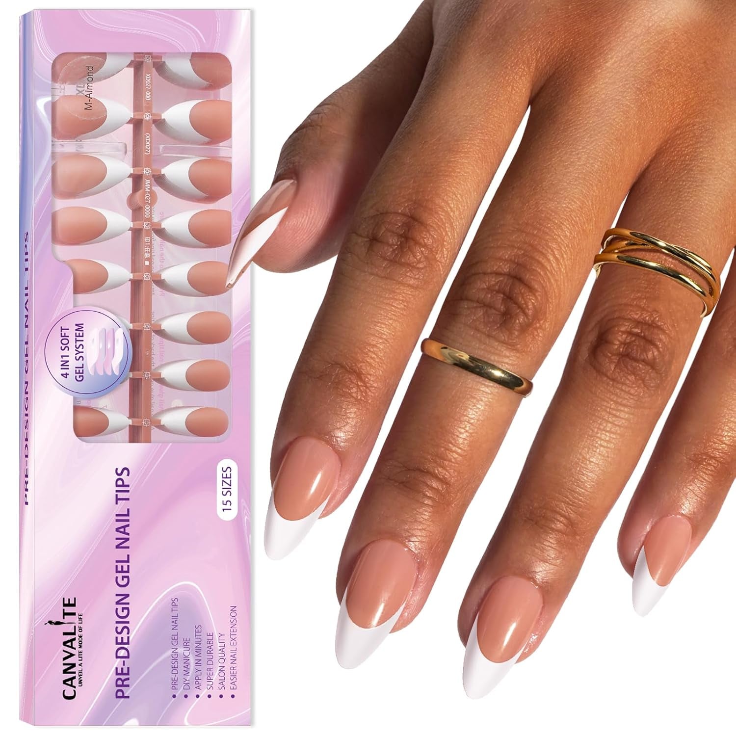 French Tip Press on Nails Gel Nail Tips - 300Pcs Pre-Colored Quick and Easy Press on Nails Almond Fake Nails with Designs DIY Nail Extensions, Nude White