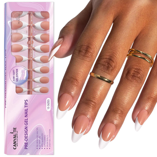 French Tip Press on Nails Gel Nail Tips - 300Pcs Pre-Colored Quick and Easy Press on Nails Almond Fake Nails with Designs DIY Nail Extensions, Nude White