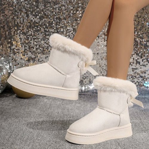 Winter Snow Boots With Bowknot Fashion Round Toe Flat Thickened Suede