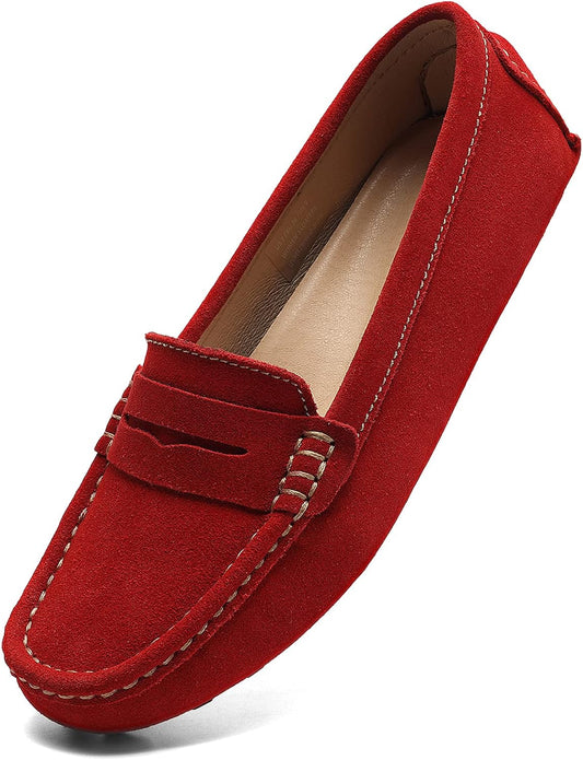 Women'S Suede Leather Casual Penny Loafers Retro Ladies Moccasins Driving Mocs Comfort Slip-On Fashion Boat Shoes Classic Flats