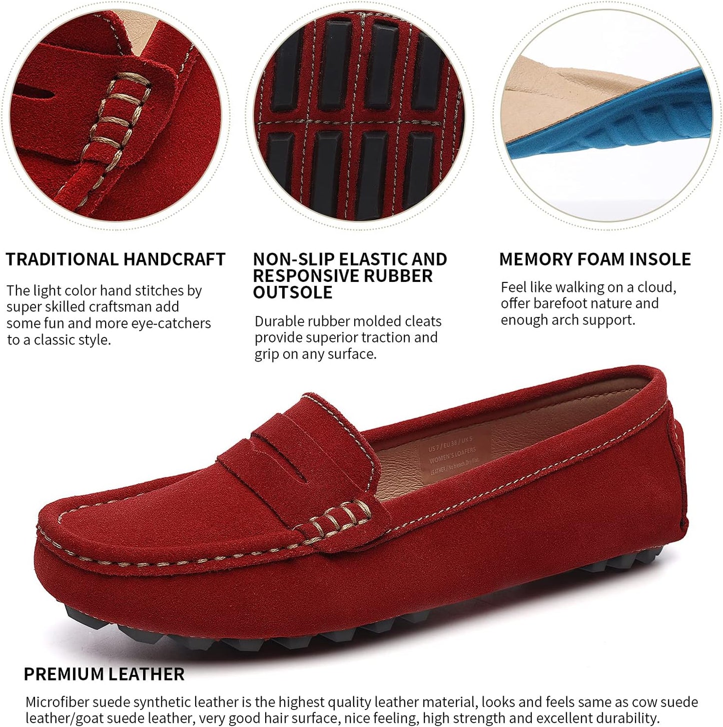 Women'S Suede Leather Casual Penny Loafers Retro Ladies Moccasins Driving Mocs Comfort Slip-On Fashion Boat Shoes Classic Flats
