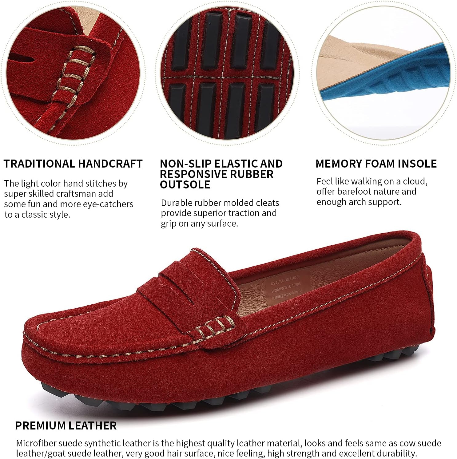 Women'S Suede Leather Casual Penny Loafers Retro Ladies Moccasins Driving Mocs Comfort Slip-On Fashion Boat Shoes Classic Flats