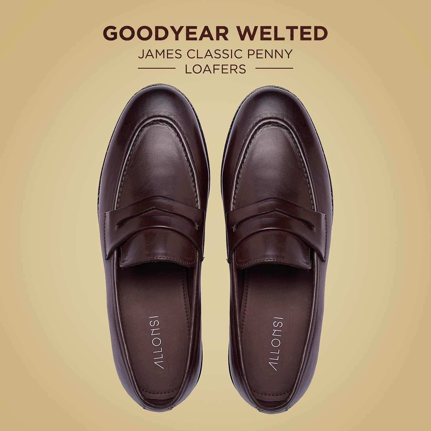 | James Genuine Leather Men'S Penny Loafers | Goodyear Welted Dress Loafers | Brown Leather Sole Slip on Shoes | Comfortable Handcrafted Luxury Shoes for Men