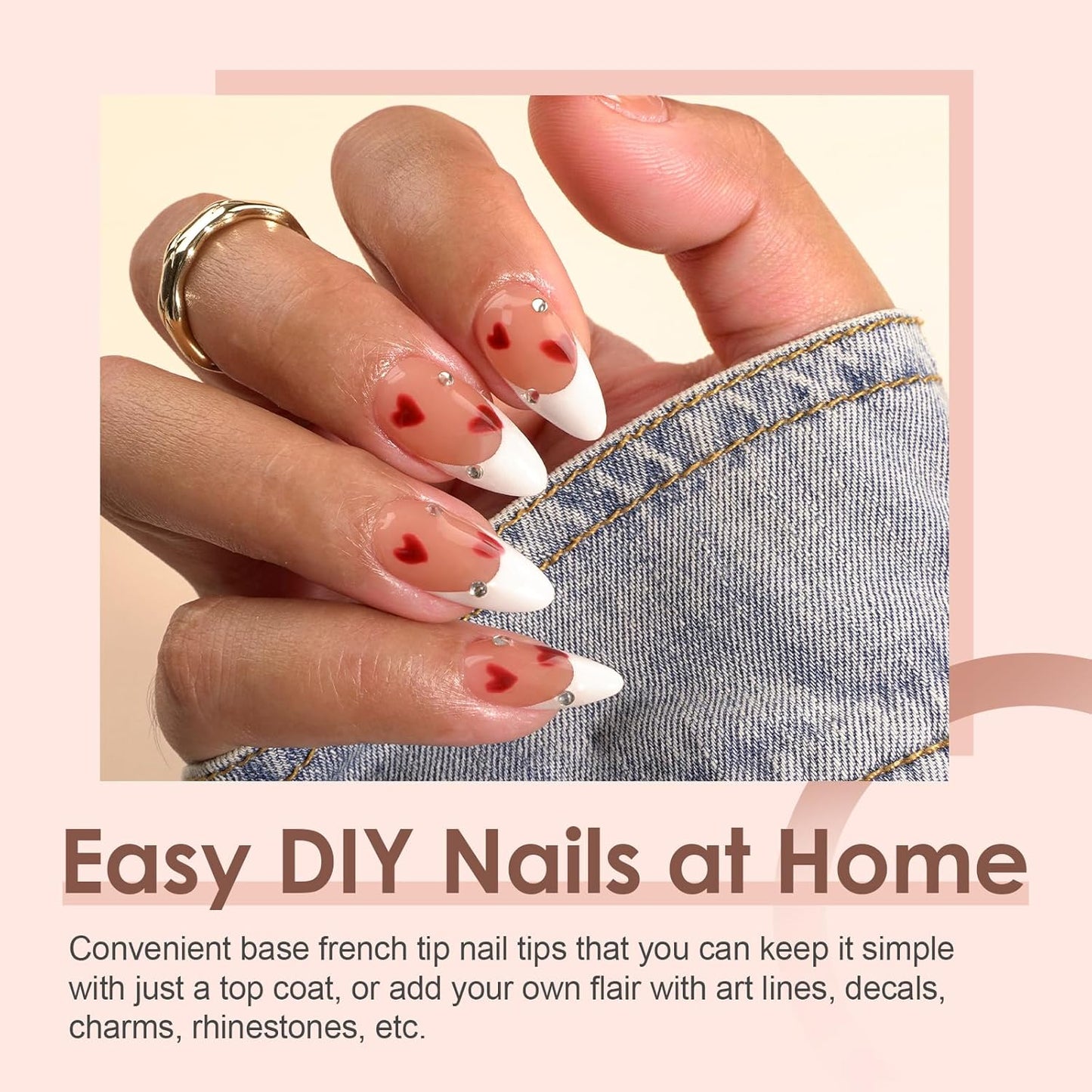 French Tip Press on Nails Gel Nail Tips - 300Pcs Pre-Colored Quick and Easy Press on Nails Almond Fake Nails with Designs DIY Nail Extensions, Nude White