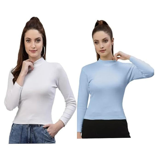 MULTICOLOR High Turtle Neck Fullsleeve Ribbed Tops for Women SIZE S